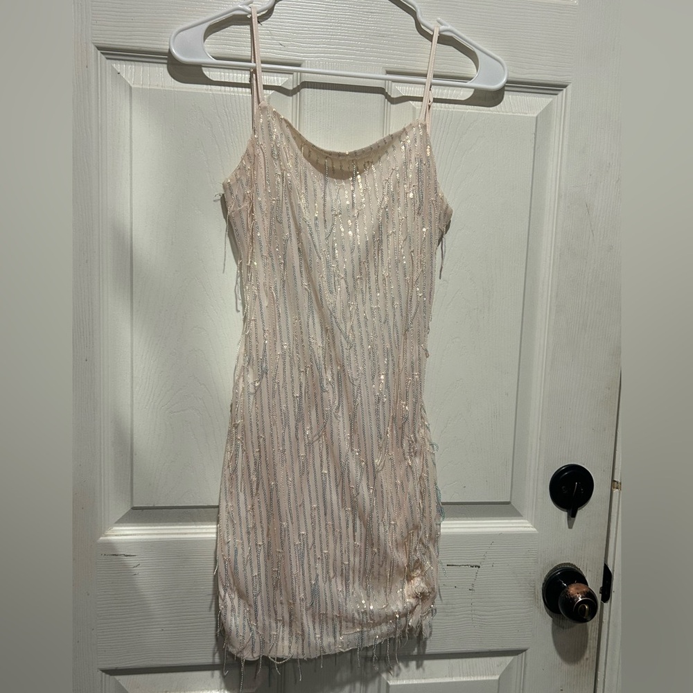 Inspired Hearts Ivory Sequin Fringe Mini Dress